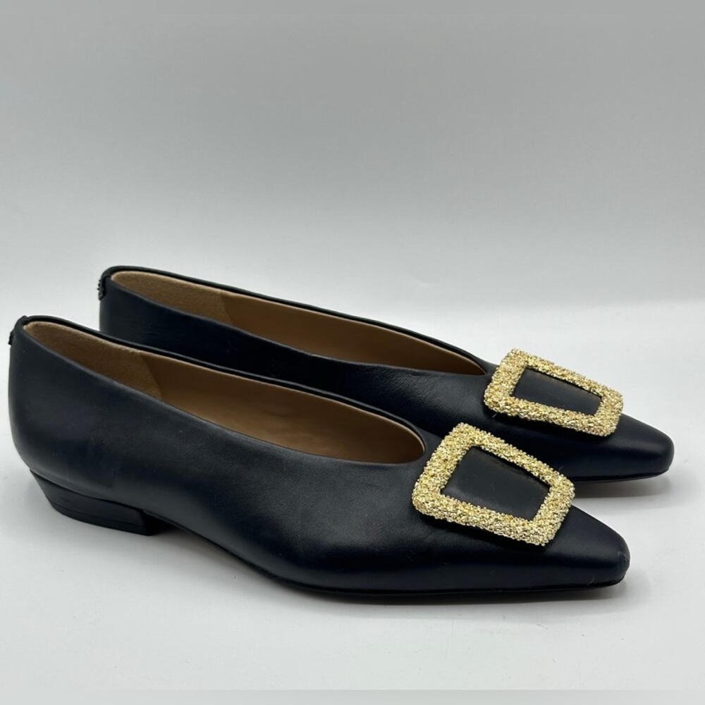 SAM EDELMAN x ANTHROPOLOGIE Janina Leather Pointed Toe Flat Gold Buckle Sz 10 - Picture 4 of 13